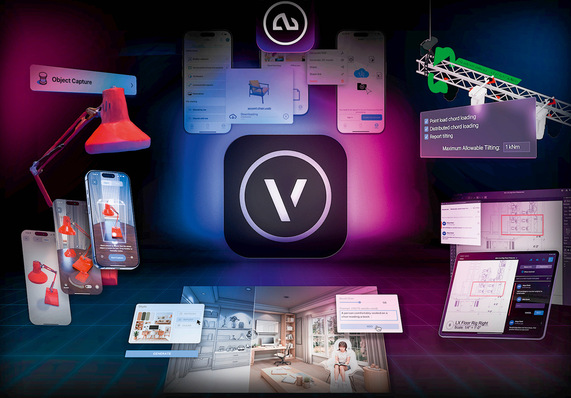 Futuristischer digitaler Arbeitsbereich mit Apps, 3D-Modellen und Raumdesign-Tools, die um ein zentrales V-Symbol schweben. - © Bild: Computer Works