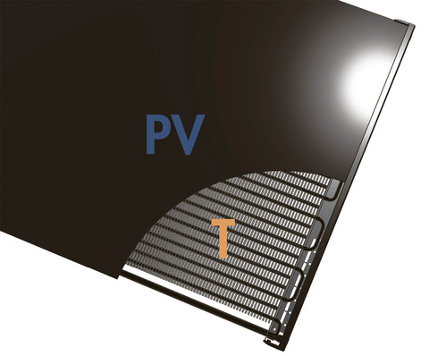 1 Der PVT-Luft-Sole-Kollektor SOLINK mit großer Wärmeübertragerfläche auf der Rückseite eignet sich durch die kombinierte Nutzung von Solarstrahlung und Luft als alleinige lautlose Wärmequelle einer Wärmepumpe.