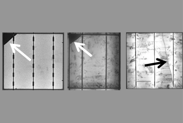 Ungleichmäßige Helligkeit in der Elektrolumineszenz (Schachbrettmuster) kann ein Indikator für Degradationen sein. Hier ist sie für TopCon-Module dargestellt.