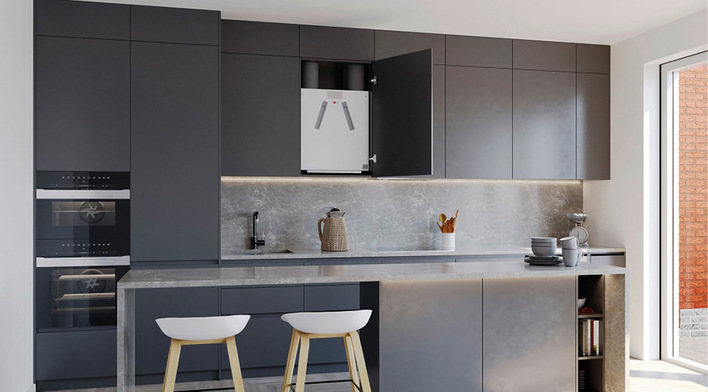 Kompakt designt, passt das Wohnungslüftungsgerät FWL-200 in Standard-Küchenschränke.