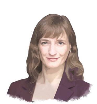 Digitale Illustration einer Frau mit gewelltem braunem Haar, die einen lila Blazer trägt und leicht lächelt.