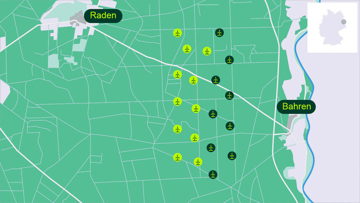 Perigus-Energy-Projekt Bahren West II (hellgrün): Der 112-Megawatt-Windpark Bahren West I und II soll als eines der größeren Projekte von Perigus Energy im Sommer 2026 in die abschließende zweite Bauphase mit Fundamentguss und Turbinenerrichtungen übergehen. Hier entstehen 11 Anlagen westlich der voriges Jahr in Betrieb genommenen 9 Anlagen von Bahren West I.