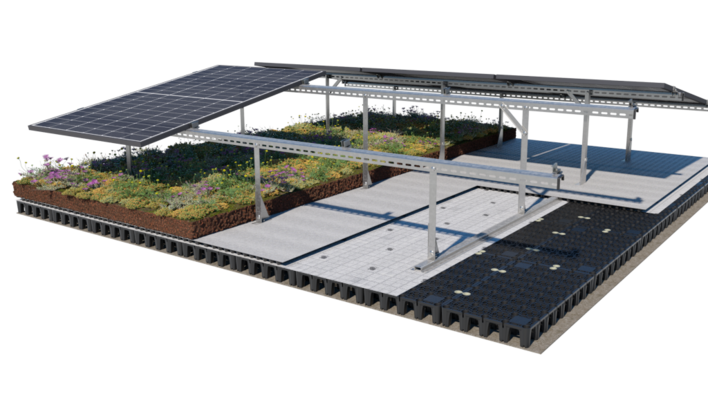 Solargründächer kombinieren sichauf einer Fläche Energieerzeugung, Biodiversität und Regenwasserbewirtschaftung.