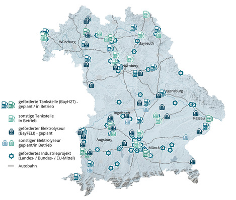 Übersicht über bayerische Erzeugungsprojekte und Tankstelleninfrastruktur.